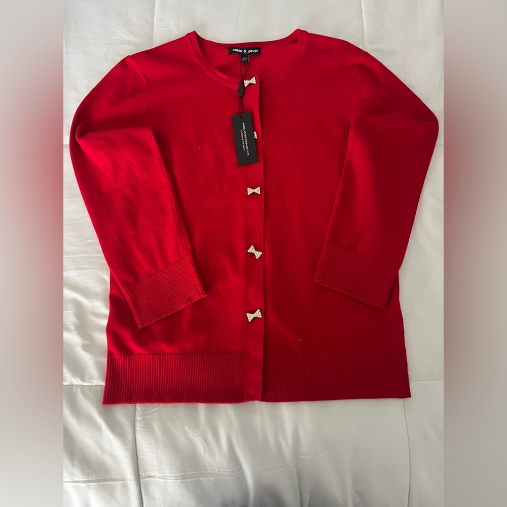 Cable & Gauge Red Bow-Button Cardigan